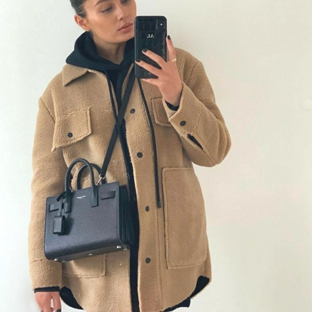 Zara Shacket Women’s Medium Faux Shearling Double Faced Teddy Bear Oversized Tan